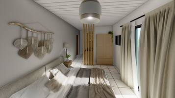 Comfort Studio, 1 Queen Bed, Balcony, Sea View | Iron/ironing board, free cribs/infant beds, free WiFi, bed sheets