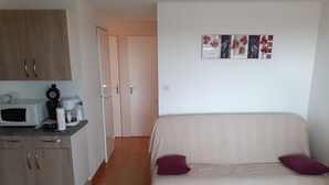 A small, well-lit room with a kitchenette, a sofa with cushions, and a wall-mounted artwork. - Location Narbonne Plage (Villefranche-de-Rouergue (12))