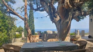 An outdoor dining area with a table set for four, surrounded by wicker chairs, under a large tree. - Maison de Charme Avec vue Imprenable à 5 Minutes de L'ile Rousse (Monticello)