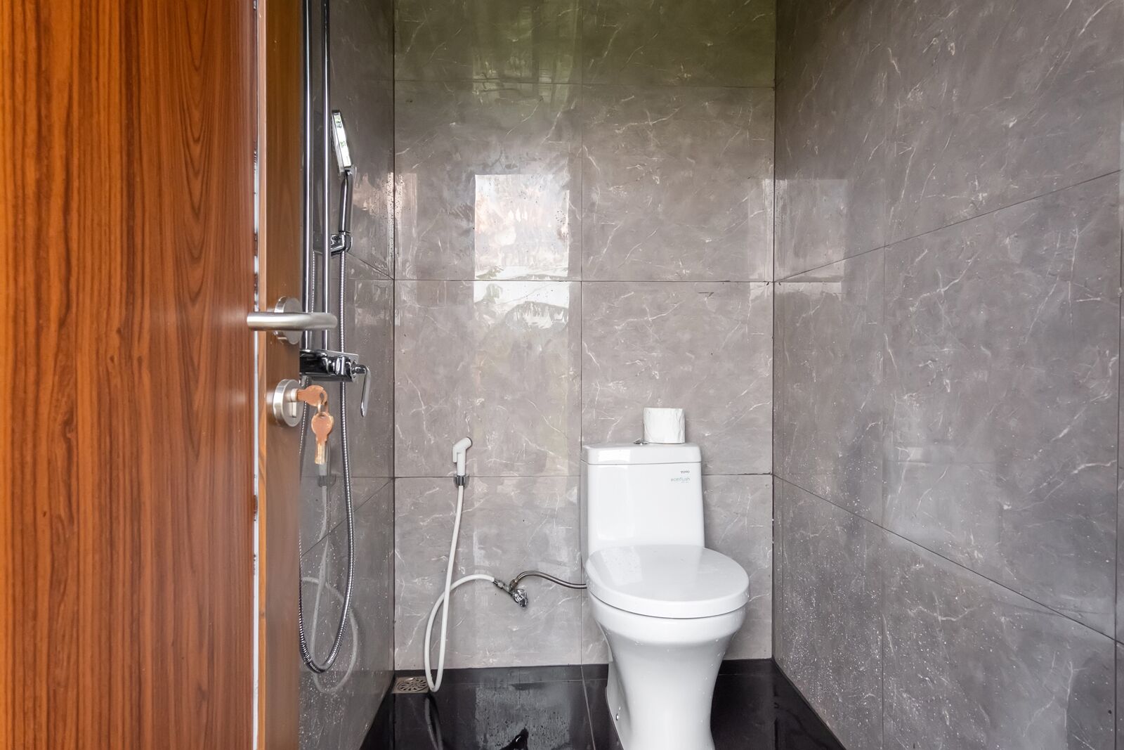 A bathroom with a shower, toilet, and a wooden door.