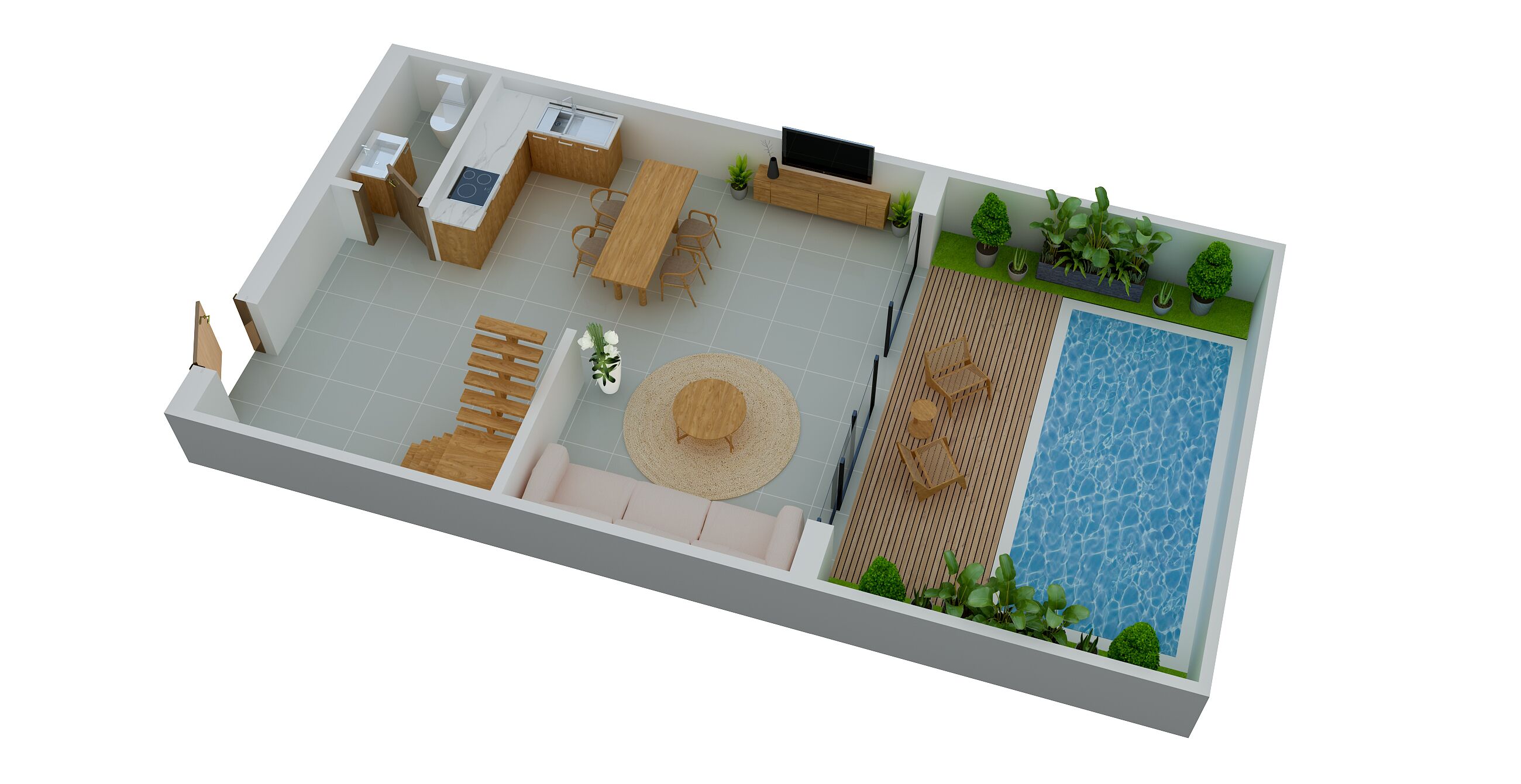 Ein 3D-Grundriss einer modernen Wohnung mit Küche, Essbereich, Wohnzimmer und einem kleinen Pool.