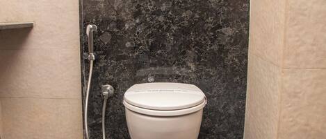 A bathroom with a toilet, a shower, and a wall-mounted flush handle.