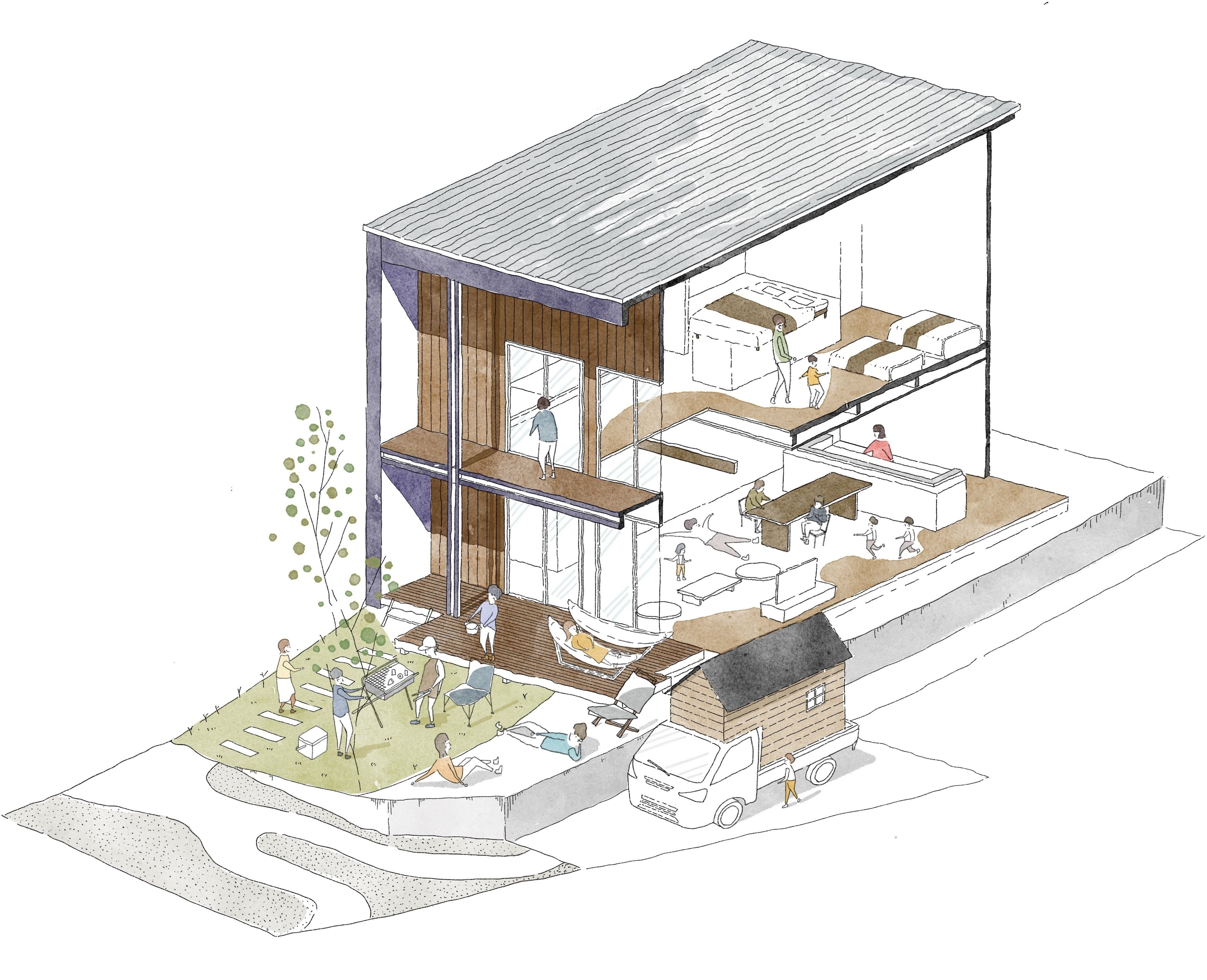 A modern multi-level house with a flat roof, a balcony, and a garage.