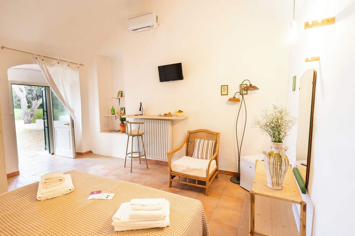 Habitación de hotel con cama, una silla, una mesita, un espejo y televisión.