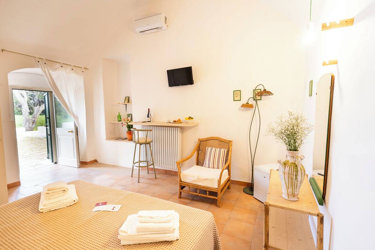 A hotel room with a bed, a chair, a small table, a mirror, and a TV.