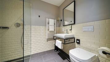 A modern bathroom with a glass shower enclosure, a white sink, and a toilet.