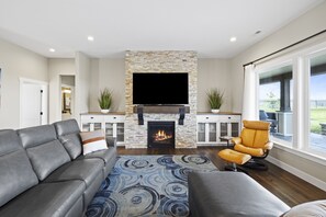 Smart TV, fireplace, offices, printers