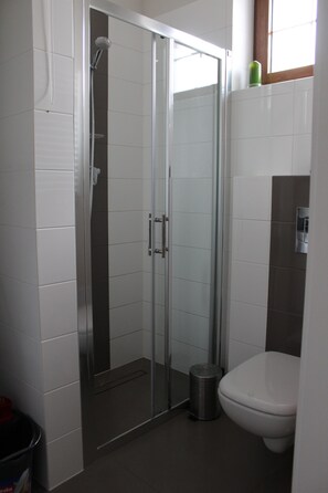 Dusche, Haartrockner, Handtücher, Seife