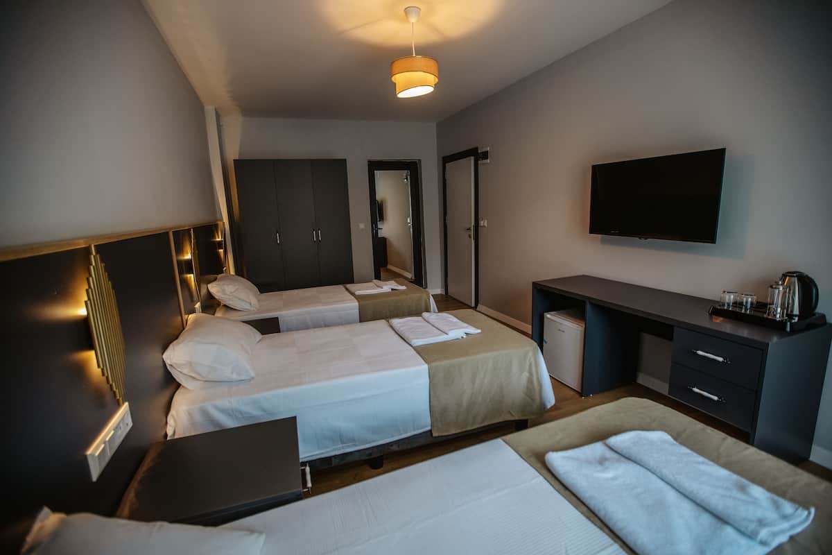 A hotel room with two beds, a desk, a TV, and a wardrobe.