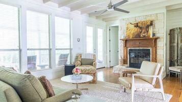 Télévision, cheminée, espaces bureaux