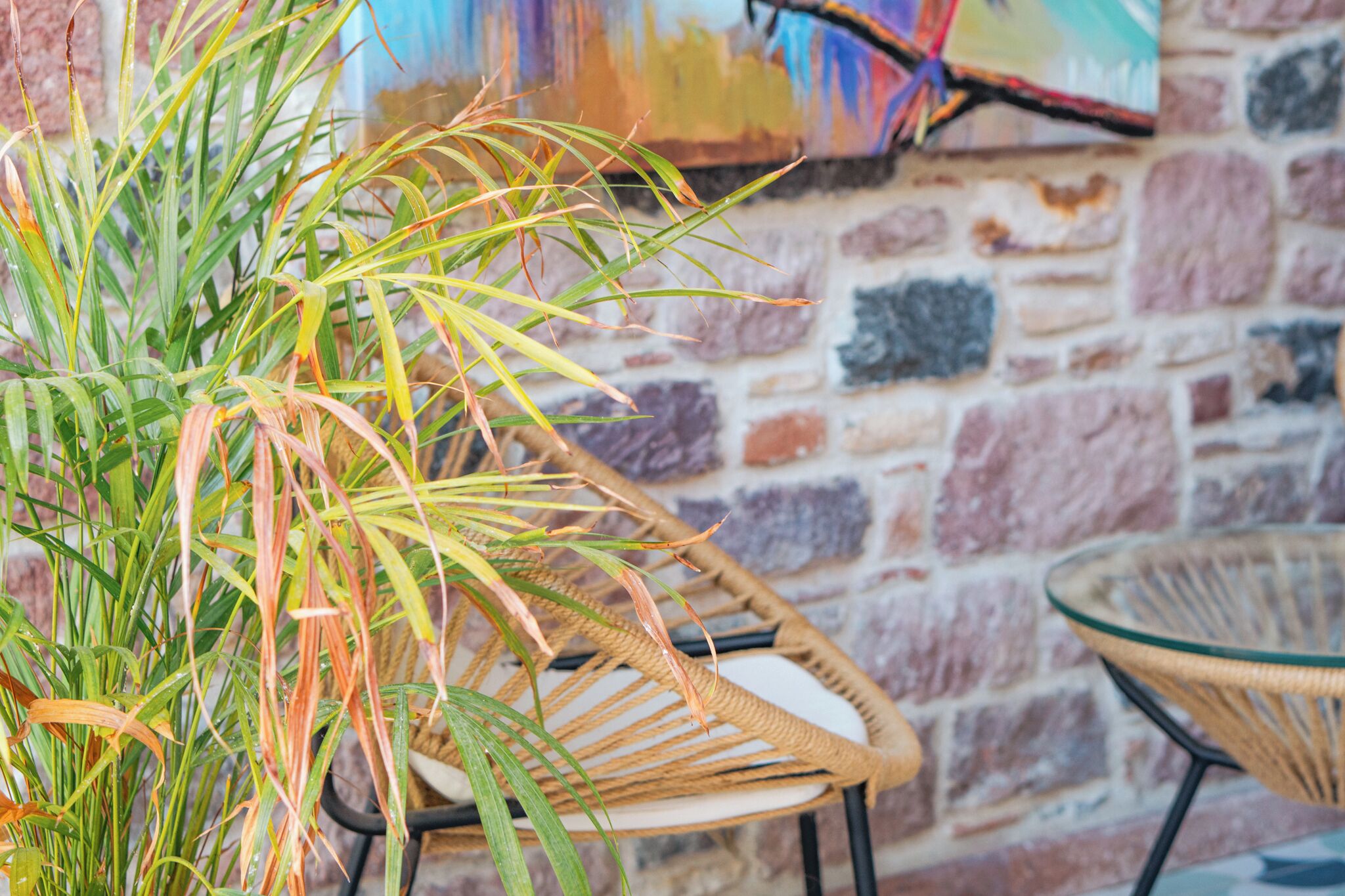 A potted plant with long leaves in front of wicker chairs and a stone wall with a colorful painting.