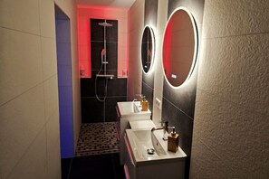 Hair dryer, towels, soap, toilet paper
