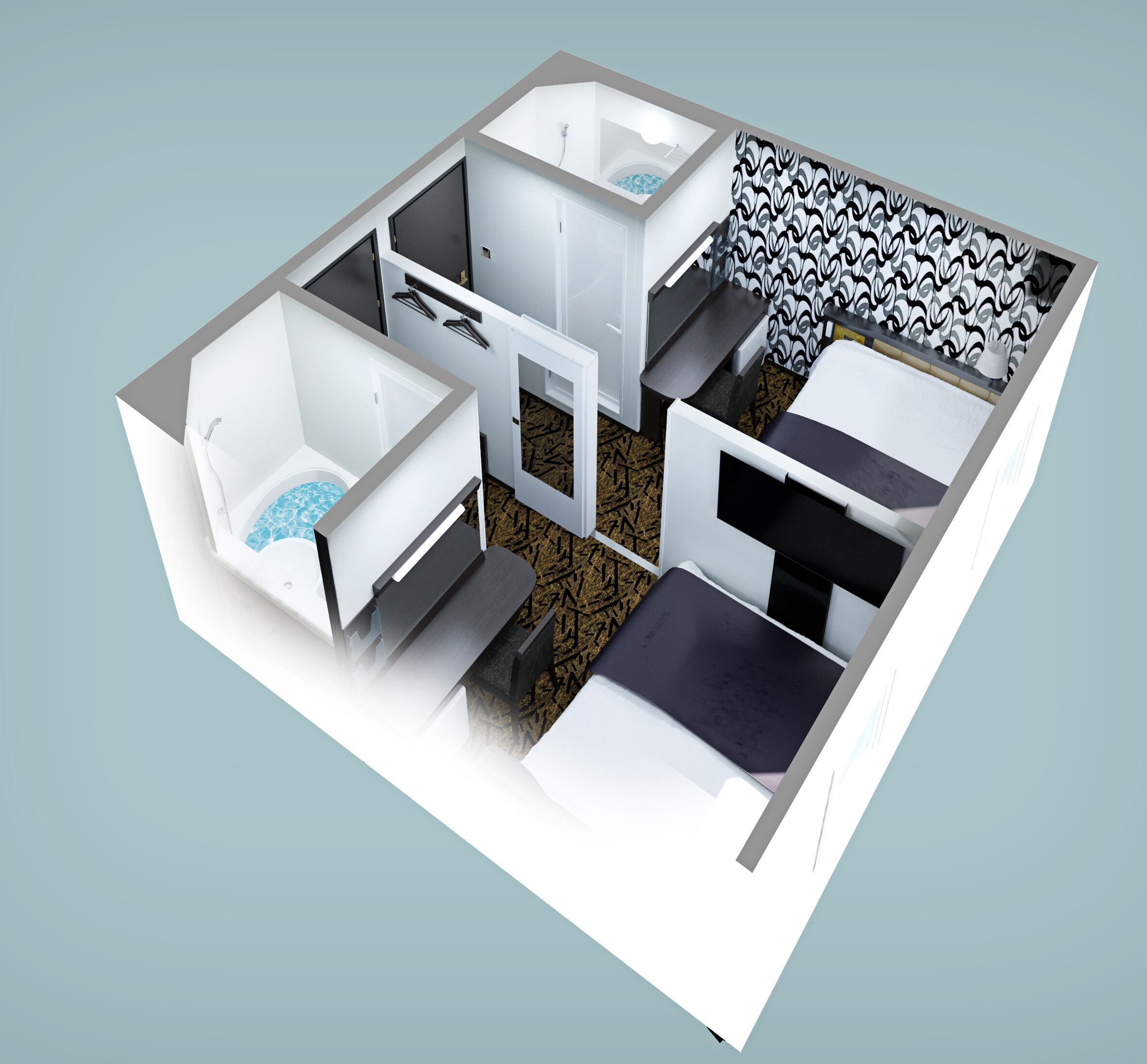 A 3D model of a bathroom with a bathtub, shower, toilet, and sink.