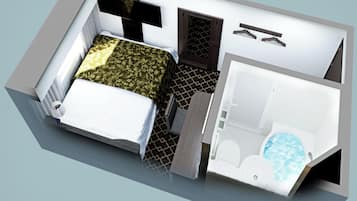 A 3D model of a hotel room with a bed, a bathroom with a bathtub, and a shower area.