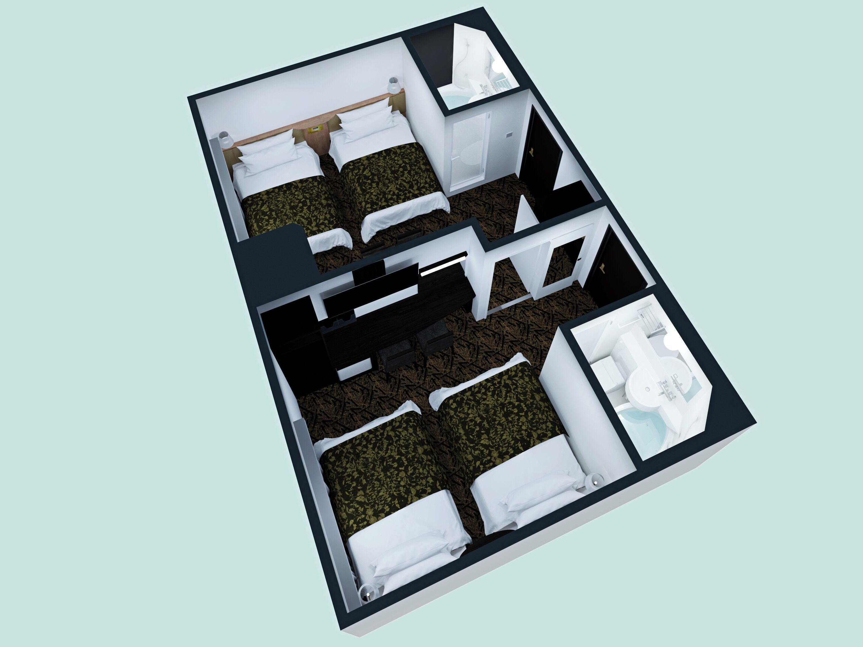 A 3D layout of a hotel room with a bed, two bedside tables, a bathroom, and a small sitting area.