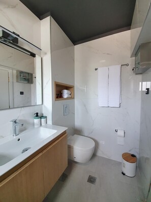 A modern bathroom with a large mirror, a white sink, wooden cabinets, a toilet, and a shower area. - Phaedra's Studios in Kolymbari (Platanias)