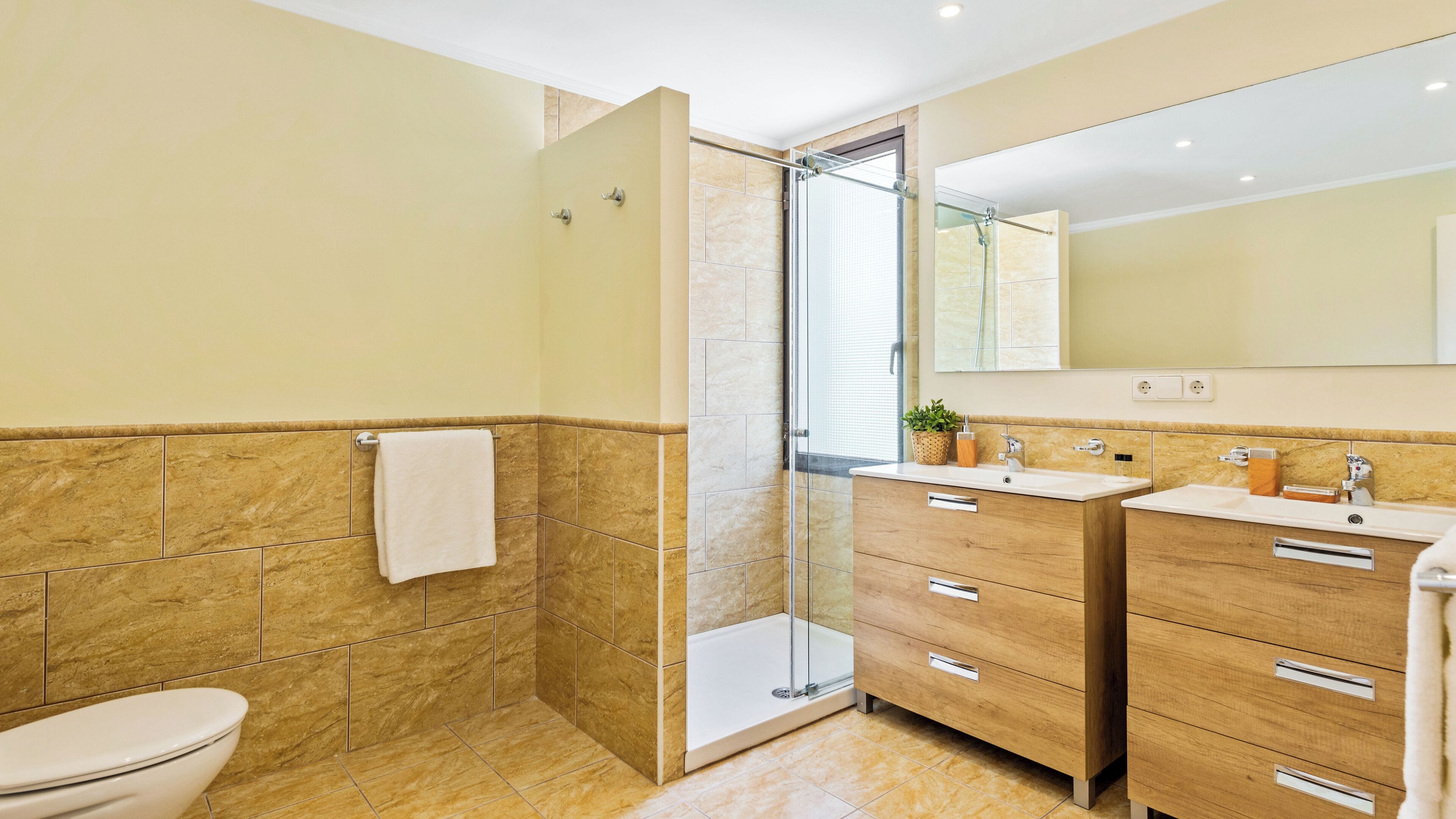 A modern bathroom with a toilet, a glass-enclosed shower, and a vanity with two sinks and a mirror.