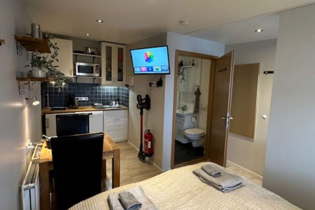 A compact hotel room with a bed, a desk, and a kitchenette.