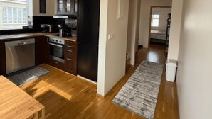 Apartment, Garden View | Private kitchen | Coffee/tea maker, fridge, microwave, stovetop - Nordurgata 43 (Akureyri)