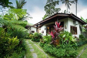 Uma cabana com telhado de palha, cercada por vegetação tropical exuberante e um caminho de pedra.