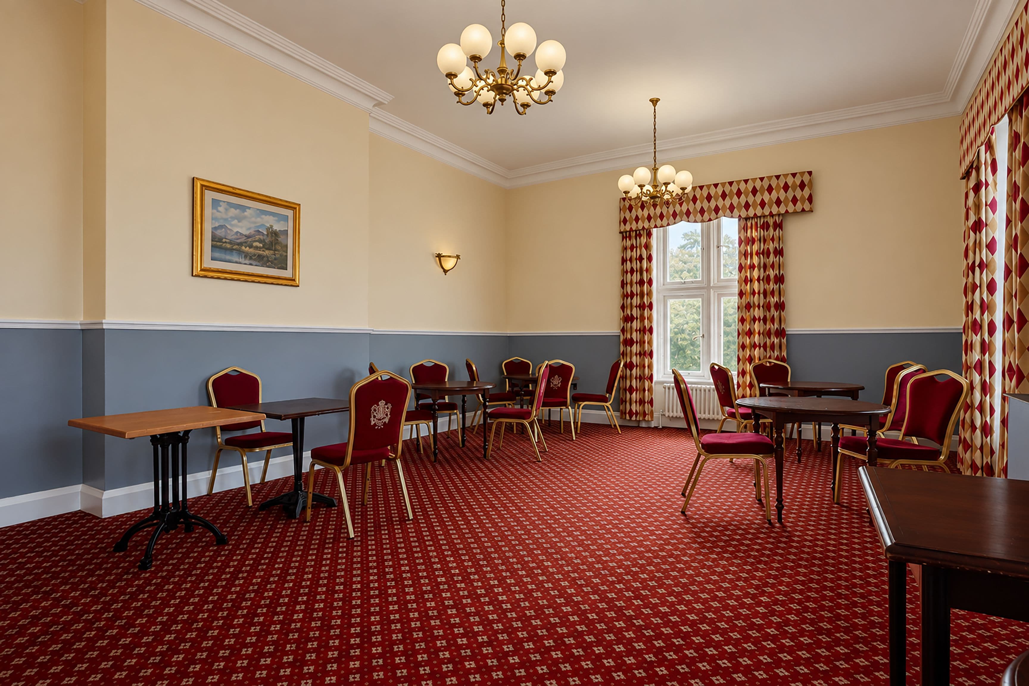 A conference room with a red patterned carpet, wooden tables, and red upholstered chairs.