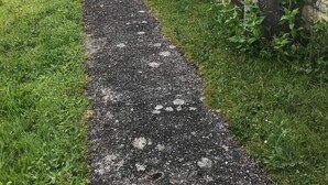 Un étroit sentier de gravier mène à un bâtiment doté d’un mur en pierre et d’une porte en bois.