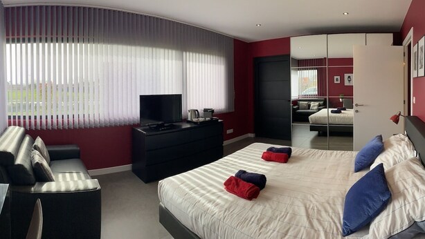 Une chambre d’hôtel moderne équipée d’un lit, d’un bureau, d’une télévision et d’un coin salon.
