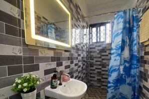 Shower, hair dryer, towels