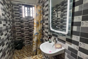 Shower, hair dryer, towels