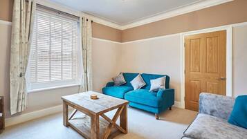 TV, fireplace, books