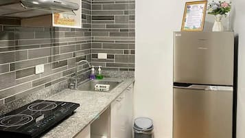 Full-sized fridge, microwave, dishwasher, electric kettle