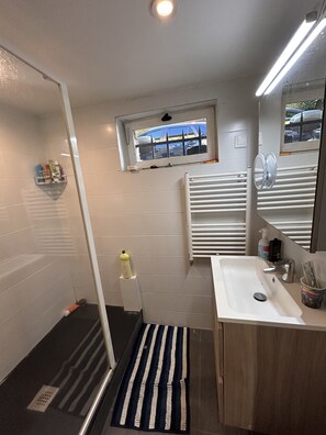 Shower, hair dryer, soap, shampoo