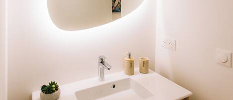 A bathroom with a white sink, a mirror, and a small potted plant.