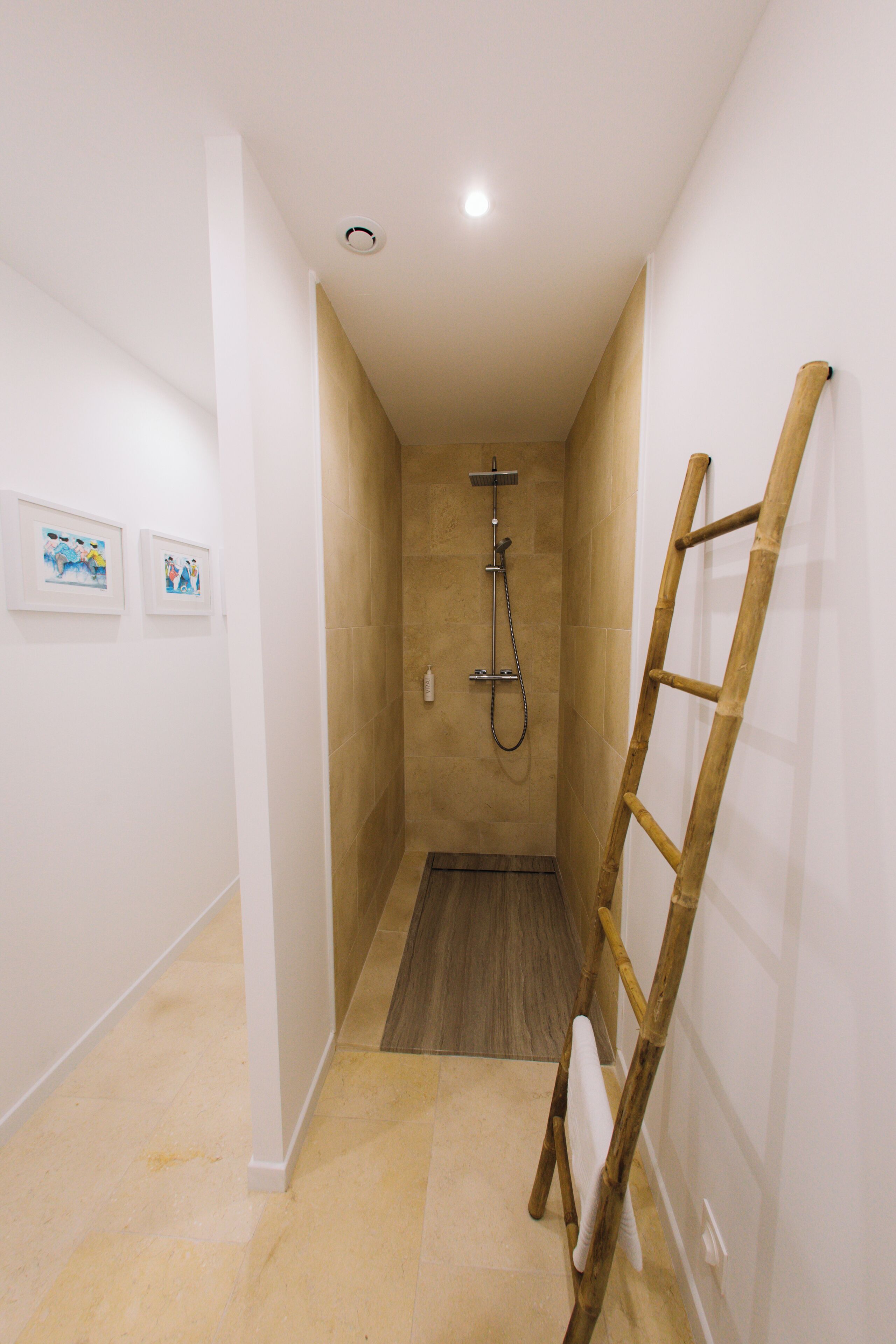 Un couloir étroit avec une douche, une échelle en bois et deux tableaux encadrés accrochés au mur.