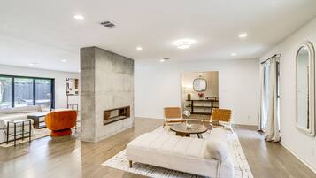 TV, fireplace, books