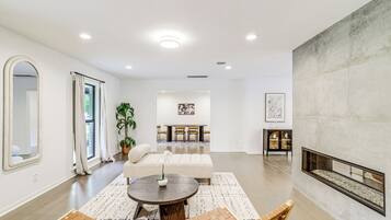 TV, fireplace, books