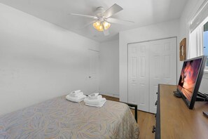A bedroom with a bed, a ceiling fan, a TV, and a door.