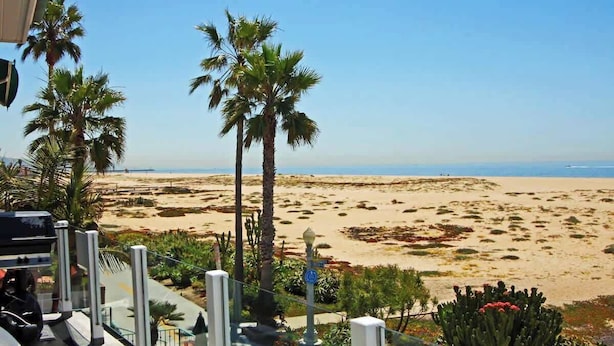 Vista a la playa con palmeras y cielo despejado.