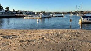 Un puerto deportivo con barcos amarrados, una playa de arena y casas al fondo.