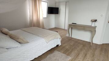 Una camera da letto con un letto, una scrivania, un televisore e una porta.