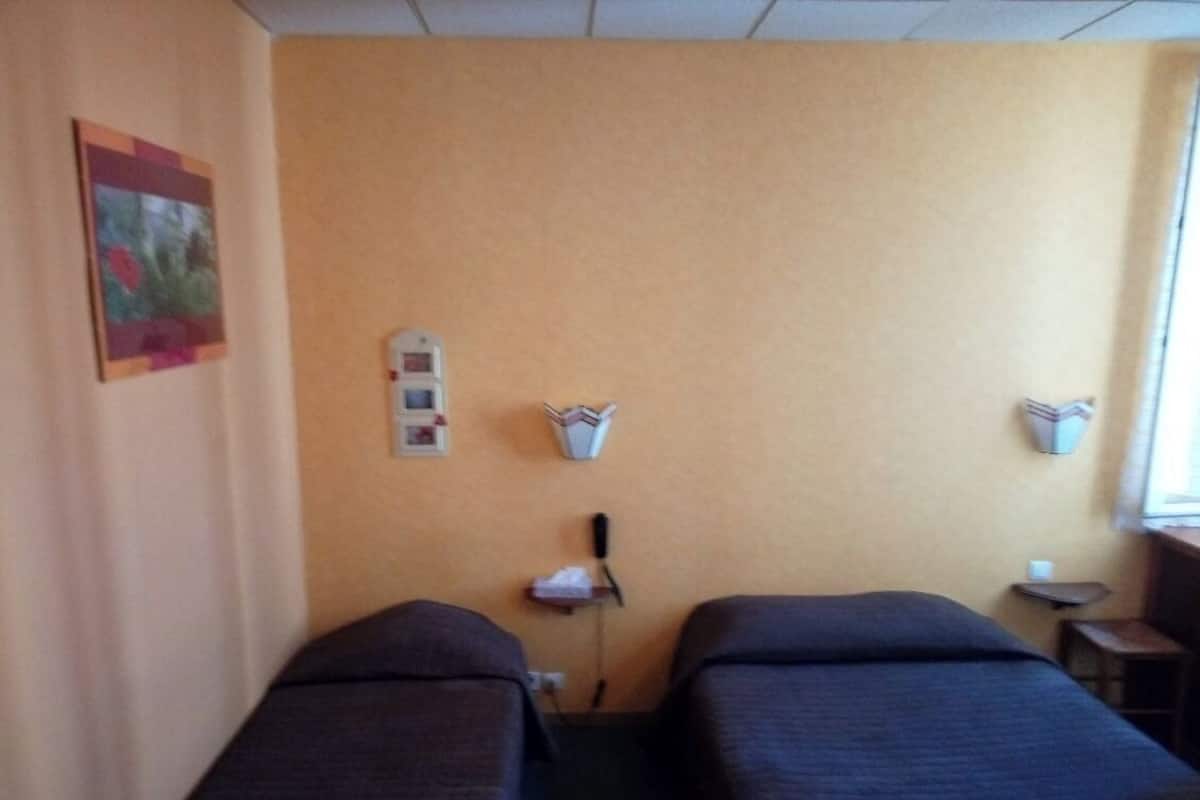 Une chambre avec deux lits simples, une petite table, une étagère murale avec des livres et un tableau.