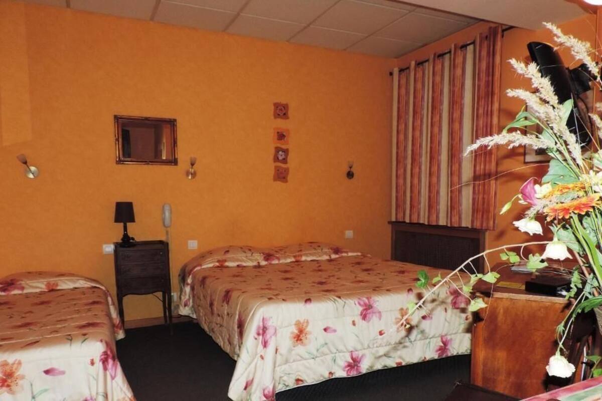 Une chambre d’hôtel avec deux lits, un petit bureau, un miroir et une plante décorative.