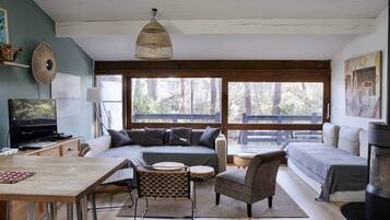 Télévision, cheminée, table de tennis de table