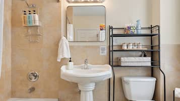 Hair dryer, towels, soap, shampoo