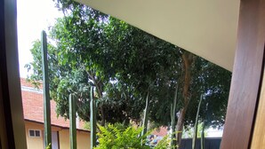 Une vue depuis un balcon dont le sol est en béton, entouré de verdure et d’arbres.