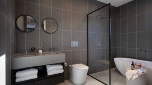 Shower, hair dryer, towels