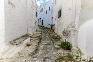 A narrow stone staircase in a white-walled alleyway with a small tree and potted plant at the bottom.