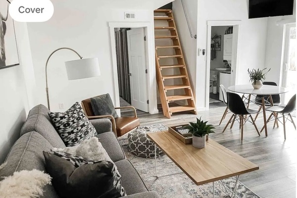 living room and loft stairs