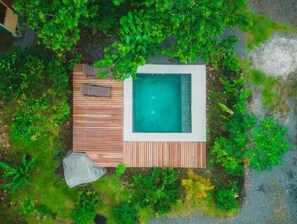 An aerial view of a rectangular hot tub surrounded by a wooden deck, with lush greenery and a stone pathway.