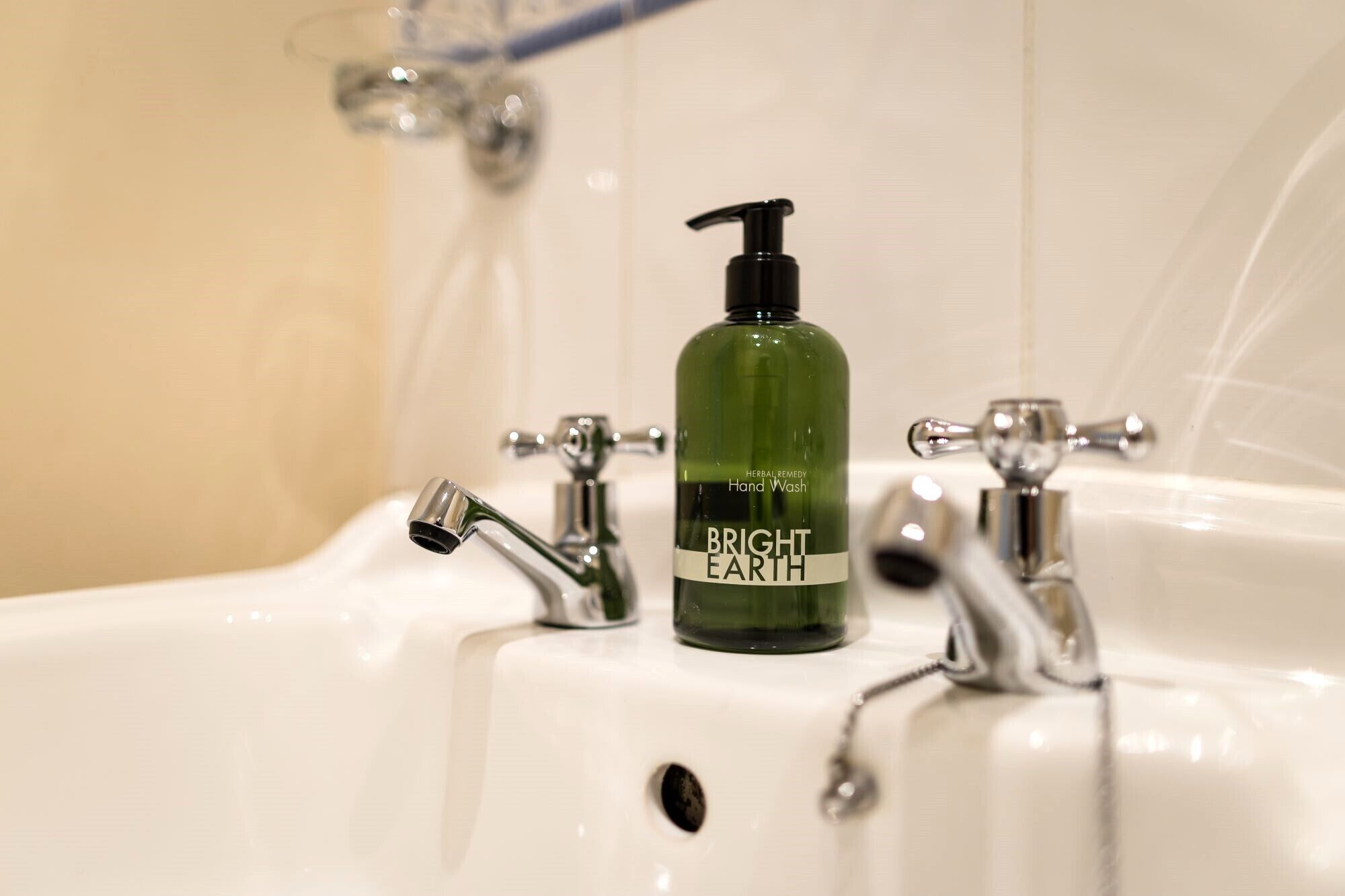 A bathroom sink with a green bottle labeled "BRIGHT EARTH" and a handheld showerhead.